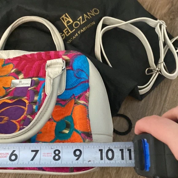 AngeLozano cream pebble leather colorful floral embroidered satchel bag. Boho - Picture 11 of 13